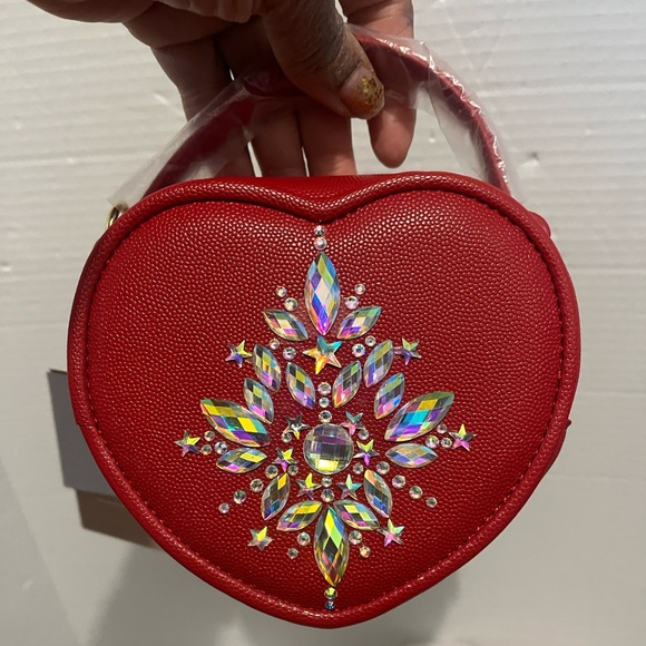 JustFab Handbags - Red Heart-Shaped Bag with Crystal Embellishments Hand Crafted